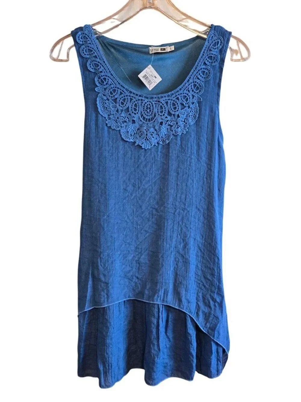 Style 101 Womens Blue Sleeveless Tunic Top With Lace Trim
